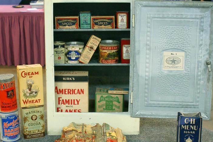 Appraisal: Advertising Cabinet & Containers, ca. 1930, in Vintage Chicago.