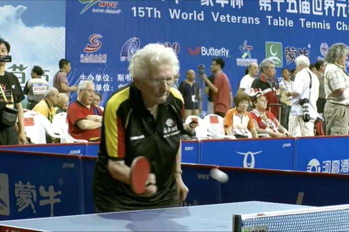 Inge competes at the Over 80 World Table Tennis Championship.