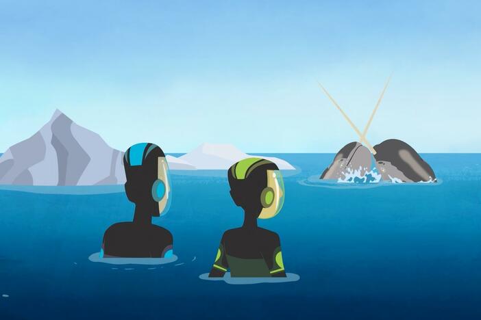 Martin and Chris are swimming with their new baby narwhal buddy.