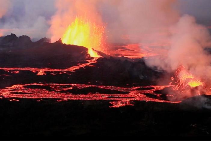 The Baroarbunga volcano in Iceland spews red hot lava.