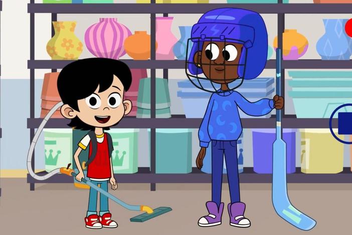 Ev and Liana demonstrate their sports mashup game, Vacuum-Hockey.
