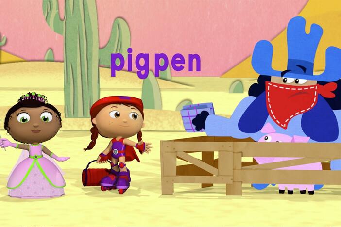 Princess and Red work together to spell "pigpen" in order to trap Blue Foot Bill.