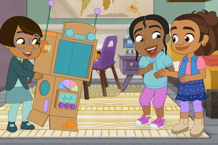 Alma, Harper, and Rafia make a robot video. / Alma and her friends start a rap circle.