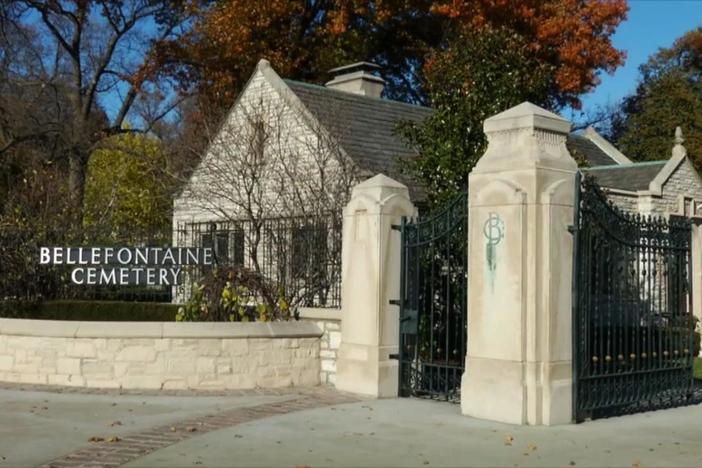 Geoffrey Baer speaks with Bellefontaine Cemetery’s Richard Lay about Ms Wainwright's tomb.