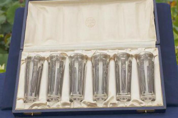 Appraisal: Lalique Six Figurines Glass Goblets with Box, ca. 1930