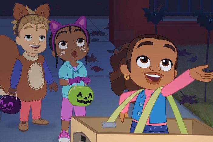 Alma, Junior, Rafia, and Lucas go trick o treating together on Halloween.