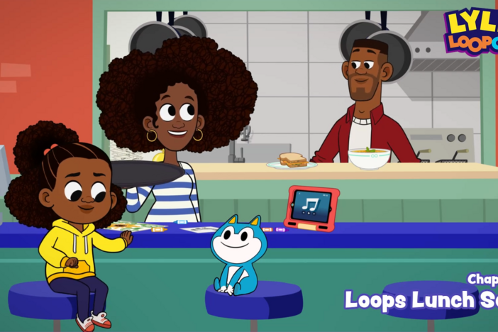 Lydia encourages Lyla and Stu to write a catchy jingle for Loops Lunch.