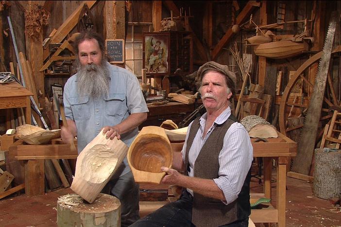 Master craftsman Peter Follansbee joins Roy to hew huge bowls from poplar & sycamore wood.