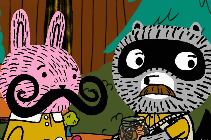 Arugula tries on several mustaches from Carl’s fake mustache collection.