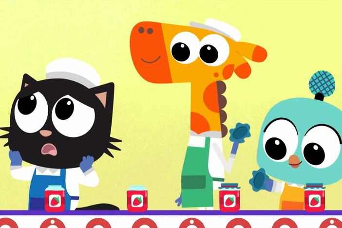 Milo and pals are making jam at Farmer Tilly’s factory but spend too long eating the fruit!