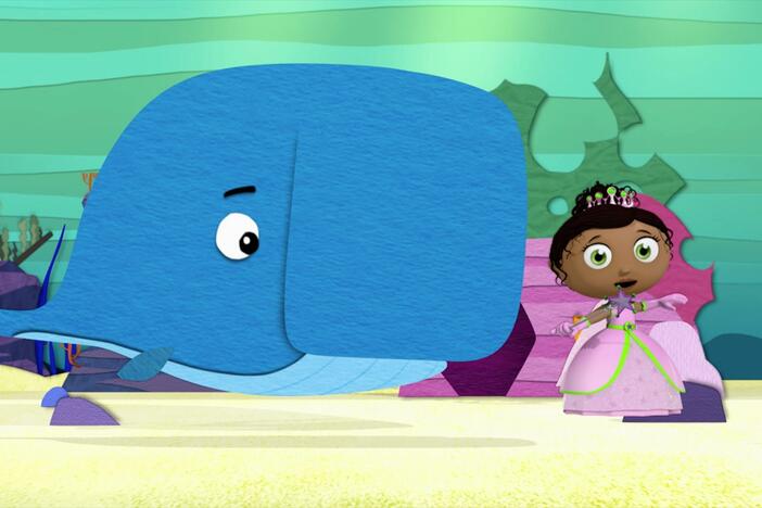 Princess uses her spelling power to tickle the whale and release the last clue!