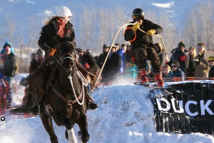 In skijoring, horse riders tow their human teammates through a 700-foot obstacle course.