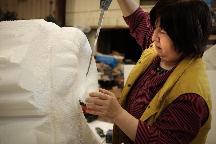 Sculptor Yumei Hou on creating the large ram head on a Chinese New Year parade float