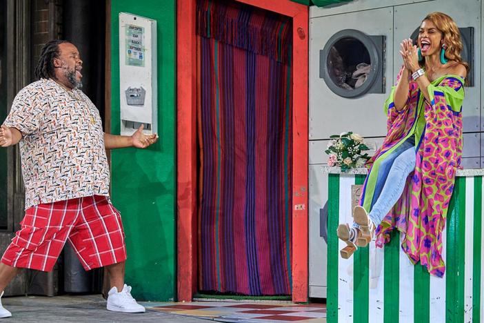 Madam Ford and Madam Page get their revenge on Falstaff in the laundry room.
