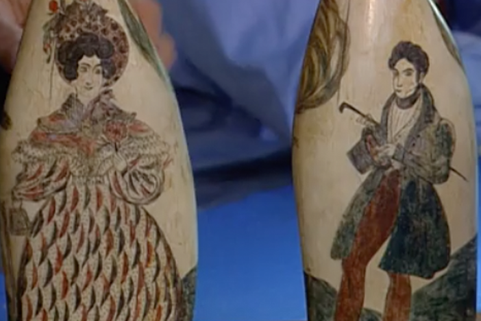 Appraisal: Pair of Whale Teeth Scrimshaw, ca. 1840