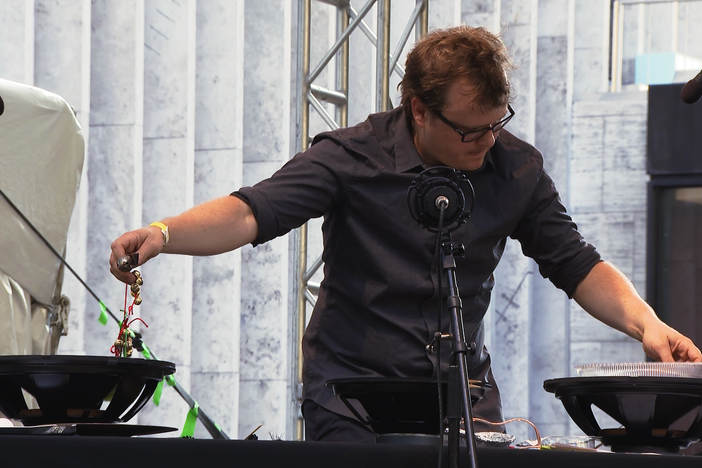The music of this adventurous composer receives a crackling premiere via subwoofer sound.
