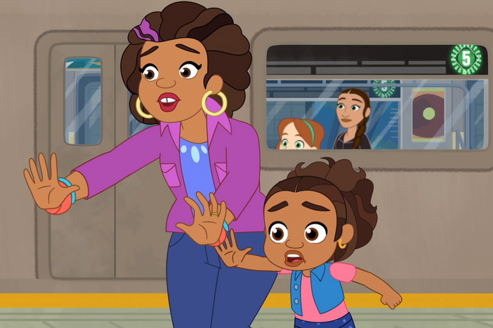 Alma and Tía Gloria race through the subway to find Zelda Jazz (Esperanza Spalding).