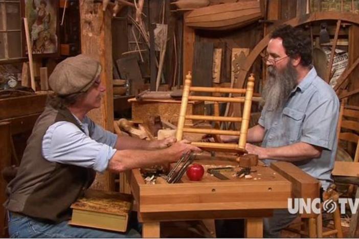 Turning a racheting bookstand with Peter Follansbee and Roy Underhill.