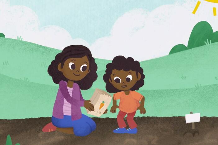 A girl sings a song about counting and gardening while planting carrots with her mother.