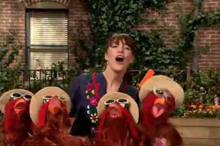 Feist sings "Counting to Four" with the Sesame Street chickens.