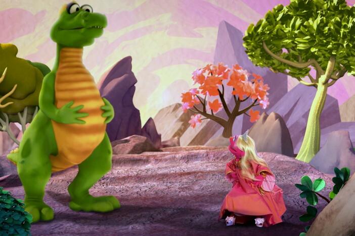 A princess and a dragon sing a song about controlling their breathing to calm down.