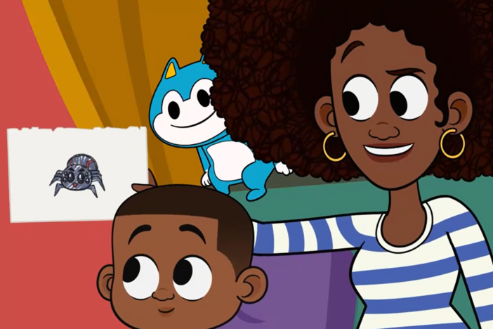 Lydia tells Lyla and Luke a story about Anansi and Goat, the twins play on steel pans.