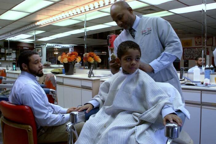 It's BJ's first visit to the barbershop. His dad knows it can be a little scary. 
