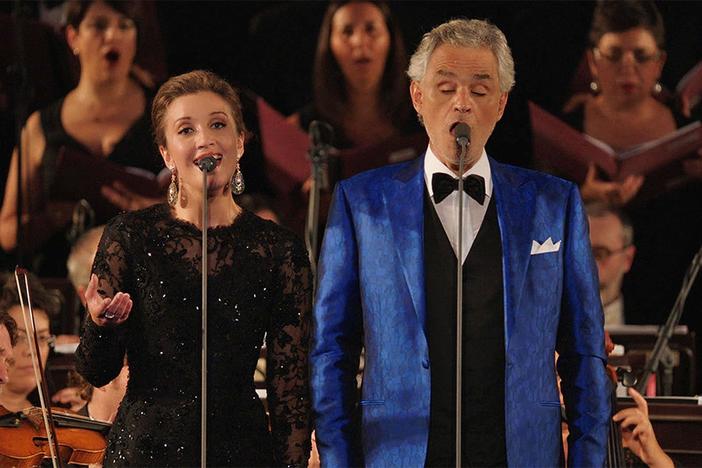 Andrea Bocelli performs Time to Say Goodbye with soprano Carly Paoli in Florence.