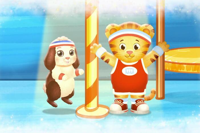 Daniel imagines that he and Snowball the bunny are playing on an obstacle course.