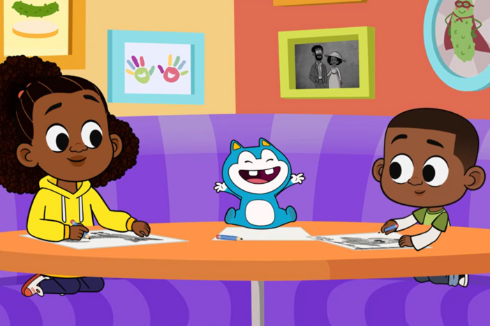 Lyla and Luke give Stu a prompt for drawing something funny.