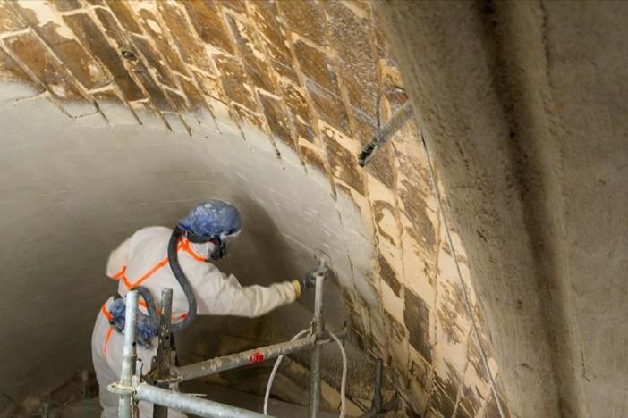 Geologists attempt to restore limestone at Notre Dame Cathedral after a fire.