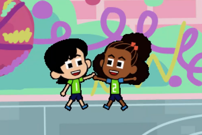 Lyla and Everett play a basketball game on their iPads