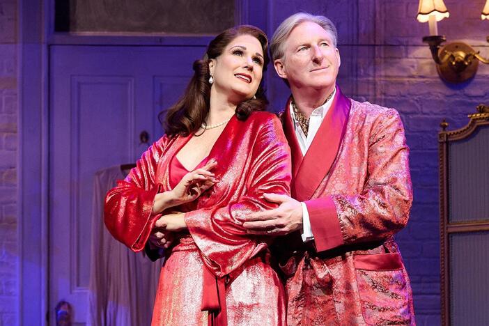 Divorced couple Lilli (Stephanie J. Block) and Fred (Adrian Dunbar) express their love.