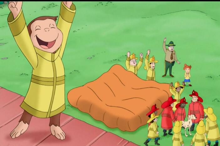 George helps the volunteer squad in firefighter games./George restores order to the lobby.
