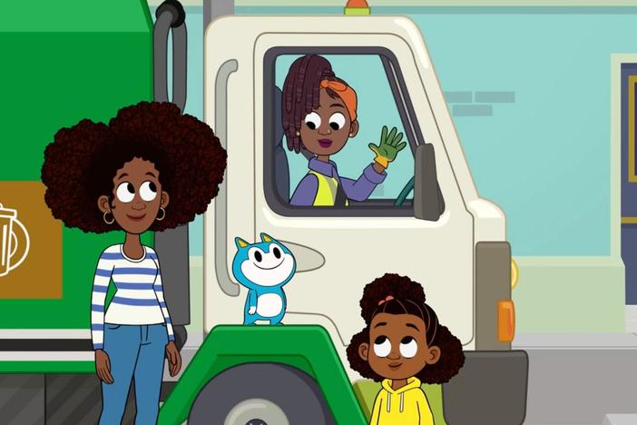 Lyla and Stu help with garbage pickup. / Lyla and Louisa lose Stu on a bus.