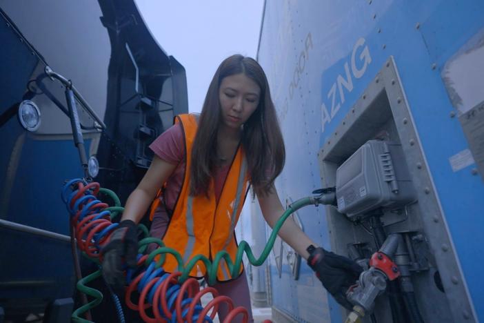 A young med student drives big rigs for tuition fees.