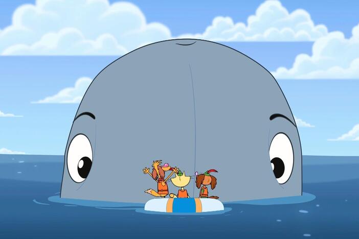 Nature Cat, Nature Dog, and Hal run into a big whale while searching for Mr. Chewinsky.