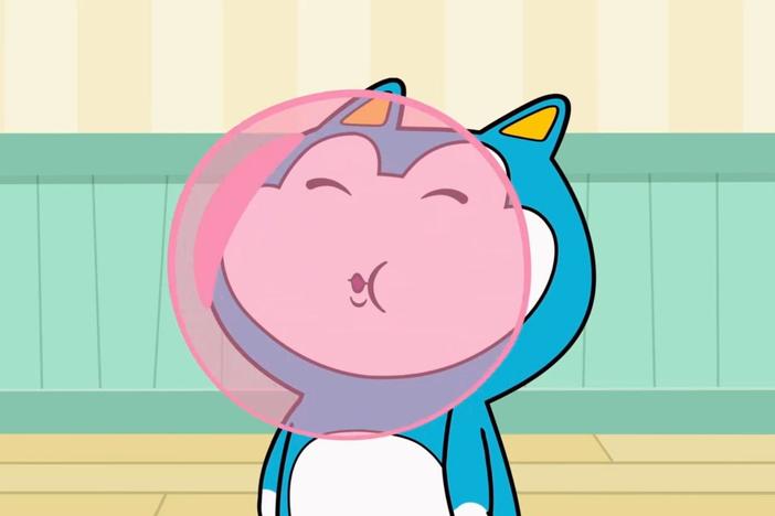 Stu blows the biggest bubble gum bubble he can.