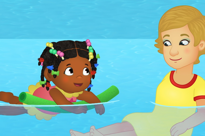 When Miss Elaina wants to swim far, she takes breaks and swims a little bit at a time.