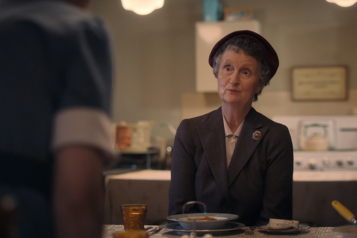 Miss Higgins is having trouble adjusting, and Phyllis offers to help by making a sandwich.