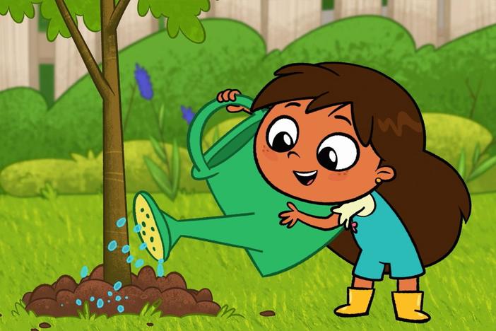 Rosie helps Papá plant and water a tree in their backyard!