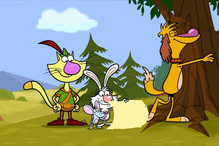 Nature Cat, Squeeks, Hal and Daisy make it to the first stop on Bad Dog Bart's treasure ma