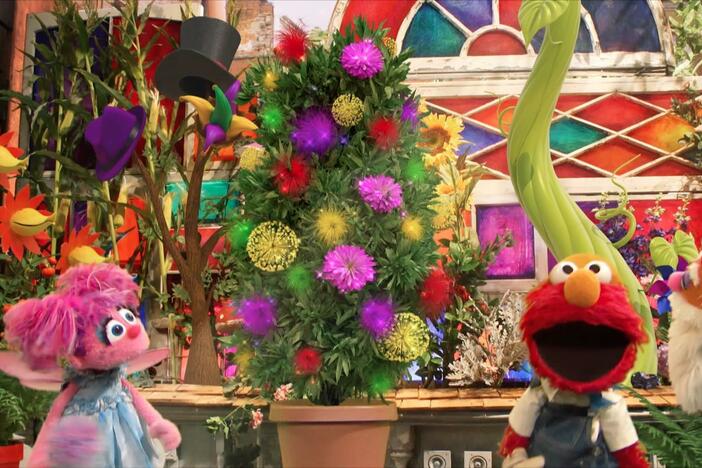 Elmo joins Abby to help her plant some flowers in her fairy garden. 