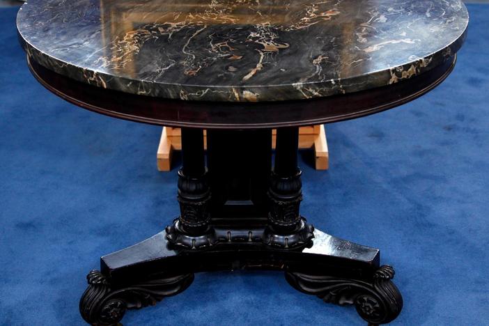 Empire Mahogany Marble-Top Table & Portrait Painting, from Atlanta Hour 1.