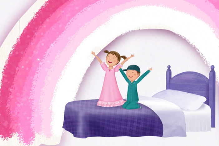 Peter uses his imagination to make his bed fly!/People of Pinkville suggest ideas for a new holiday.