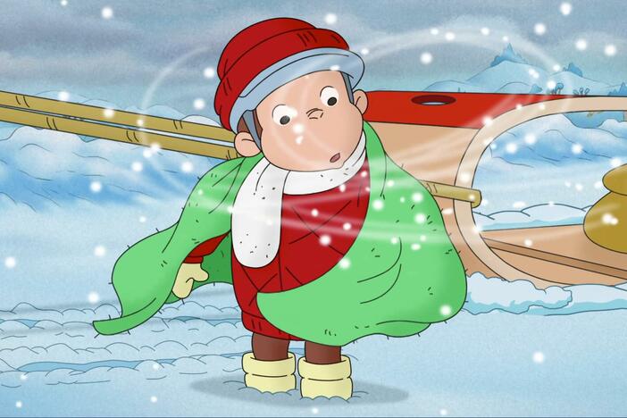 George realizes that they can make a sail to help the toboggan glide across the snow.