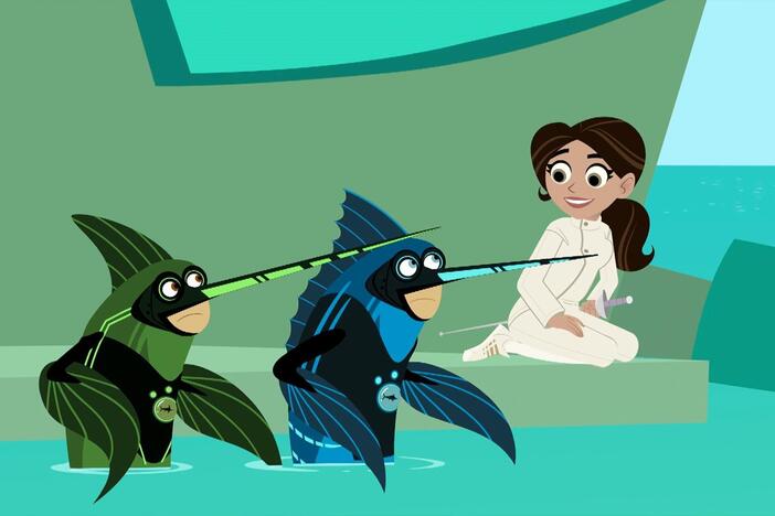 Aviva challenges the bros to a fencing duel and tells them to choose their "swords".