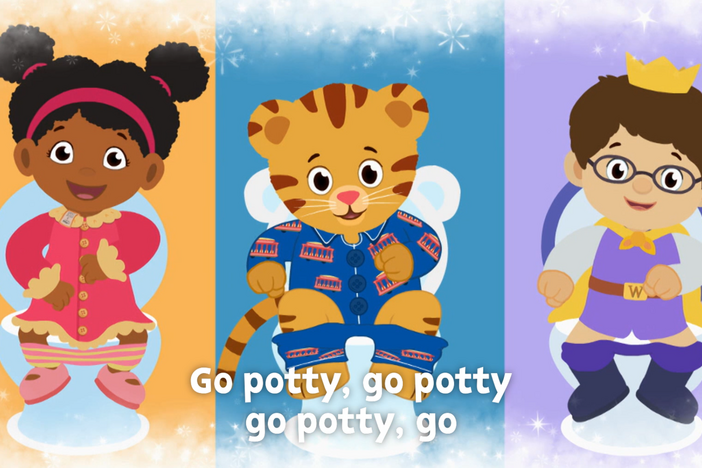 Miss Elaina, Prince Wednesday, Daniel Tiger, and Katerina Kittycat sing about going to the potty.