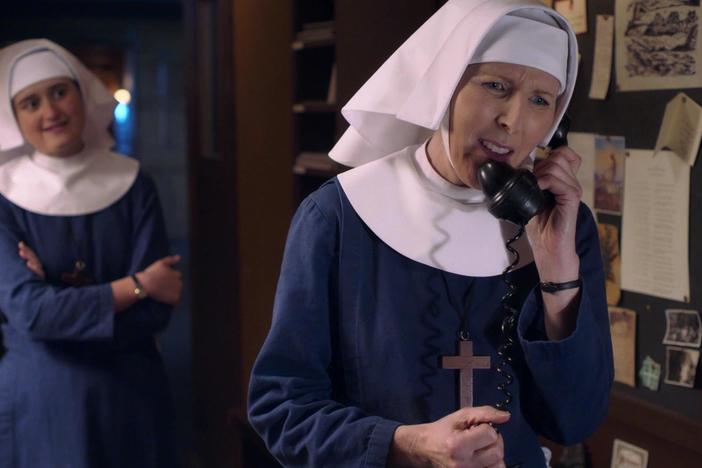 Sister Hilda helps Sister Francis seek out new "groovy" reading material.