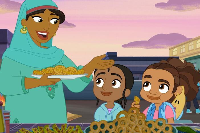 Alma and friends sleep over at the community center./Alma gathers leaves for leaf-jumping.